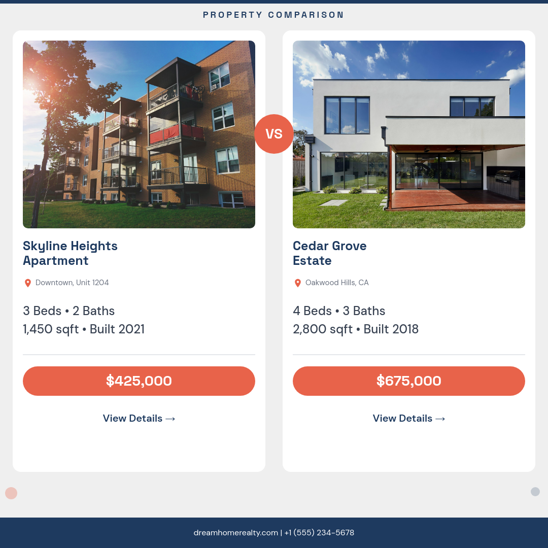 Side-by-Side Property Comparison Card with VS Badge and Dual Price Badges
