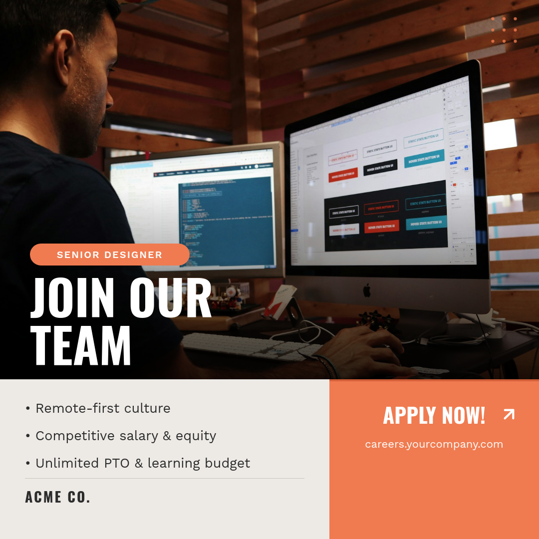 Bold Team Hiring Post with Photo Hero and Split Perks Bar