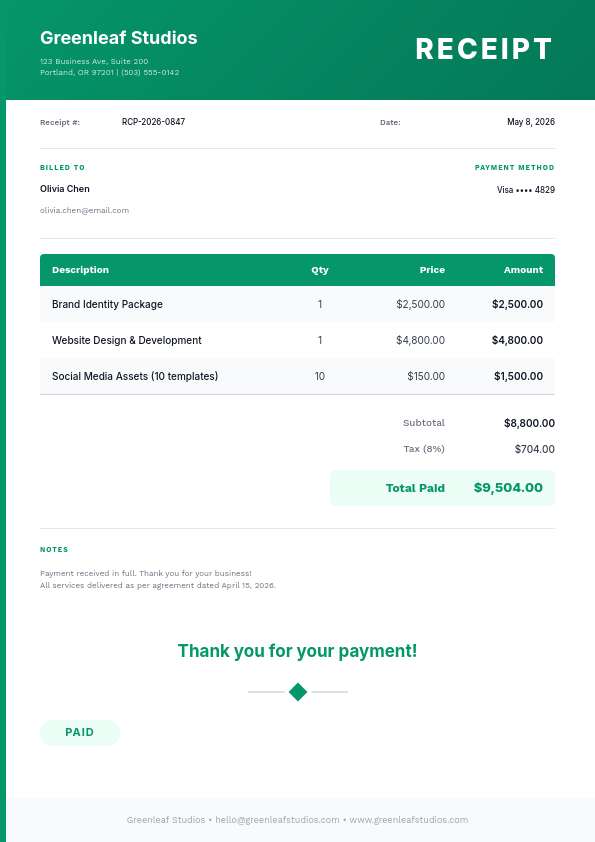 Clean Emerald Payment Receipt with Itemized Table and Green Total Highlight