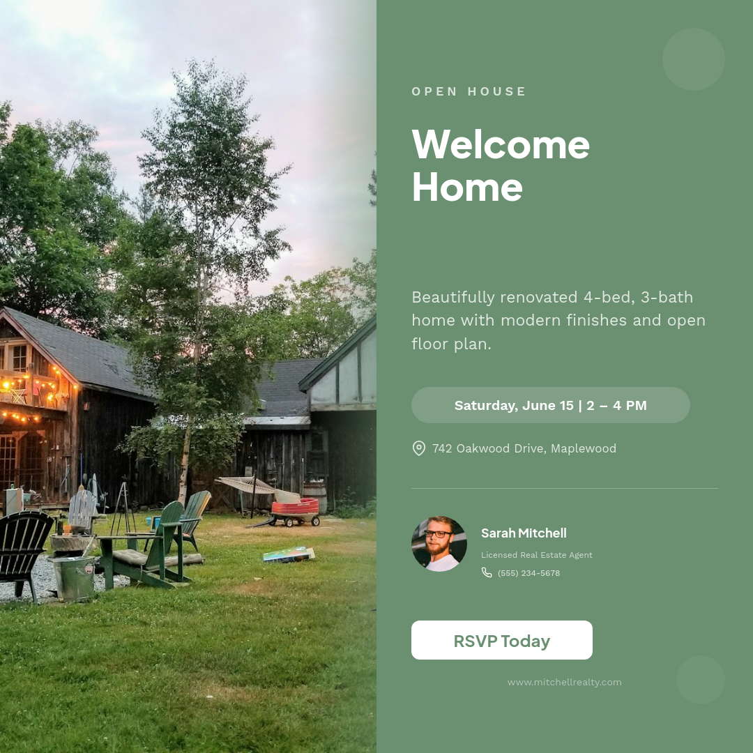 Sage Green Split Layout Open House with Date Pill and Agent Headshot