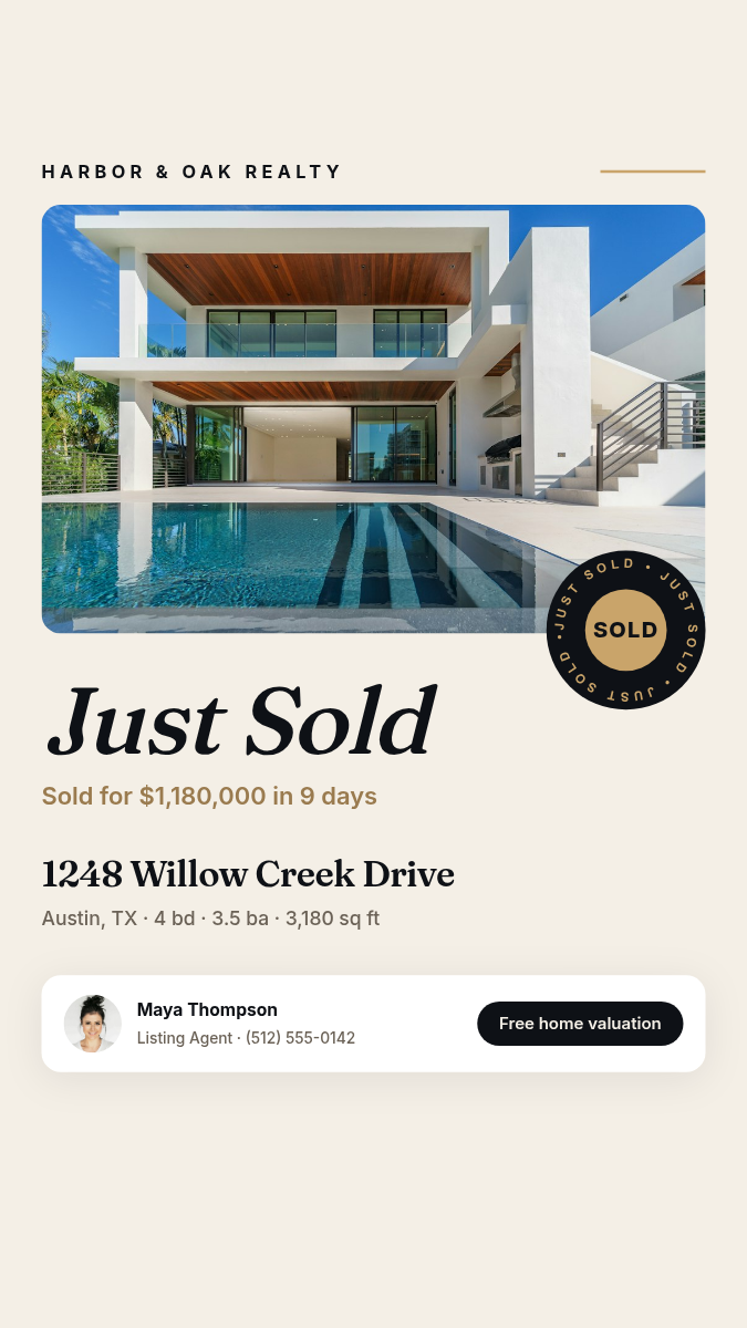 Real Estate Just Sold Video 9:16: Framed Photo, Sold Seal, Sale Price and Agent Row