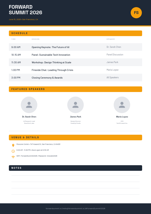 Charcoal and Amber Conference Event Program with Schedule Grid and Speaker Profiles