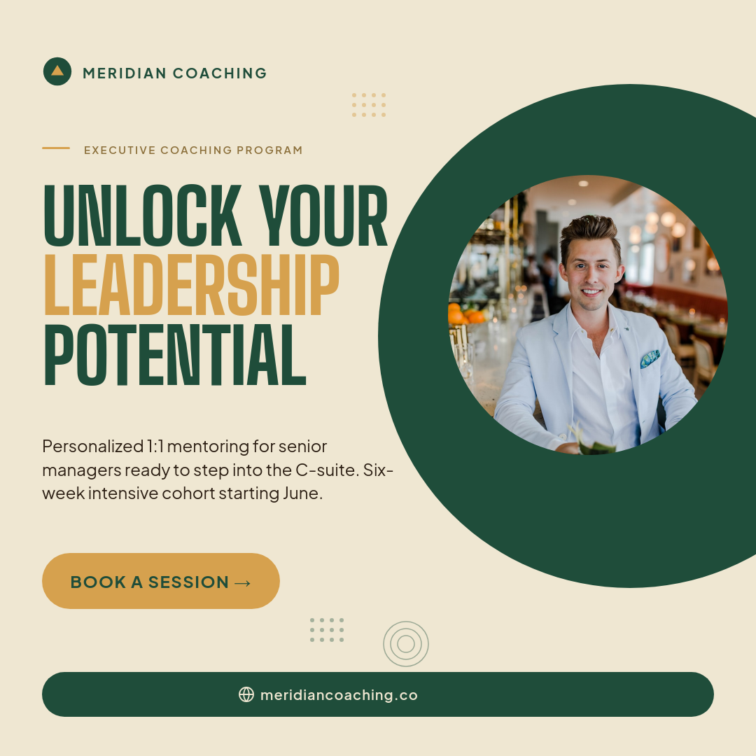 Pine Green and Mustard Executive Coaching Service Instagram Ad with Big Shoulders Stacked Headline, Circular Mentor Photo on Green Blob and Mustard CTA Pill