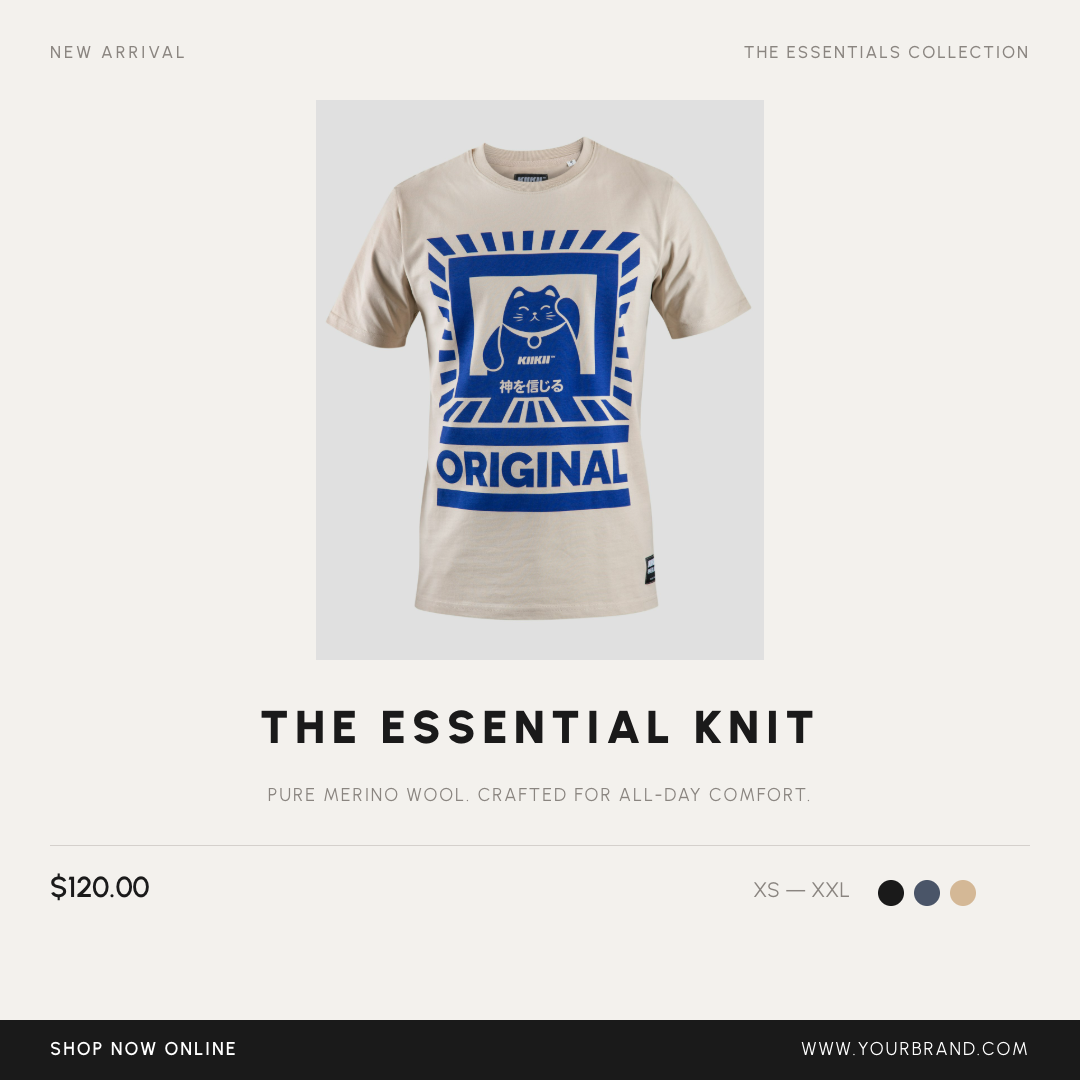Clean Minimal Fashion Product Showcase with Tracked Typography and Dark Footer