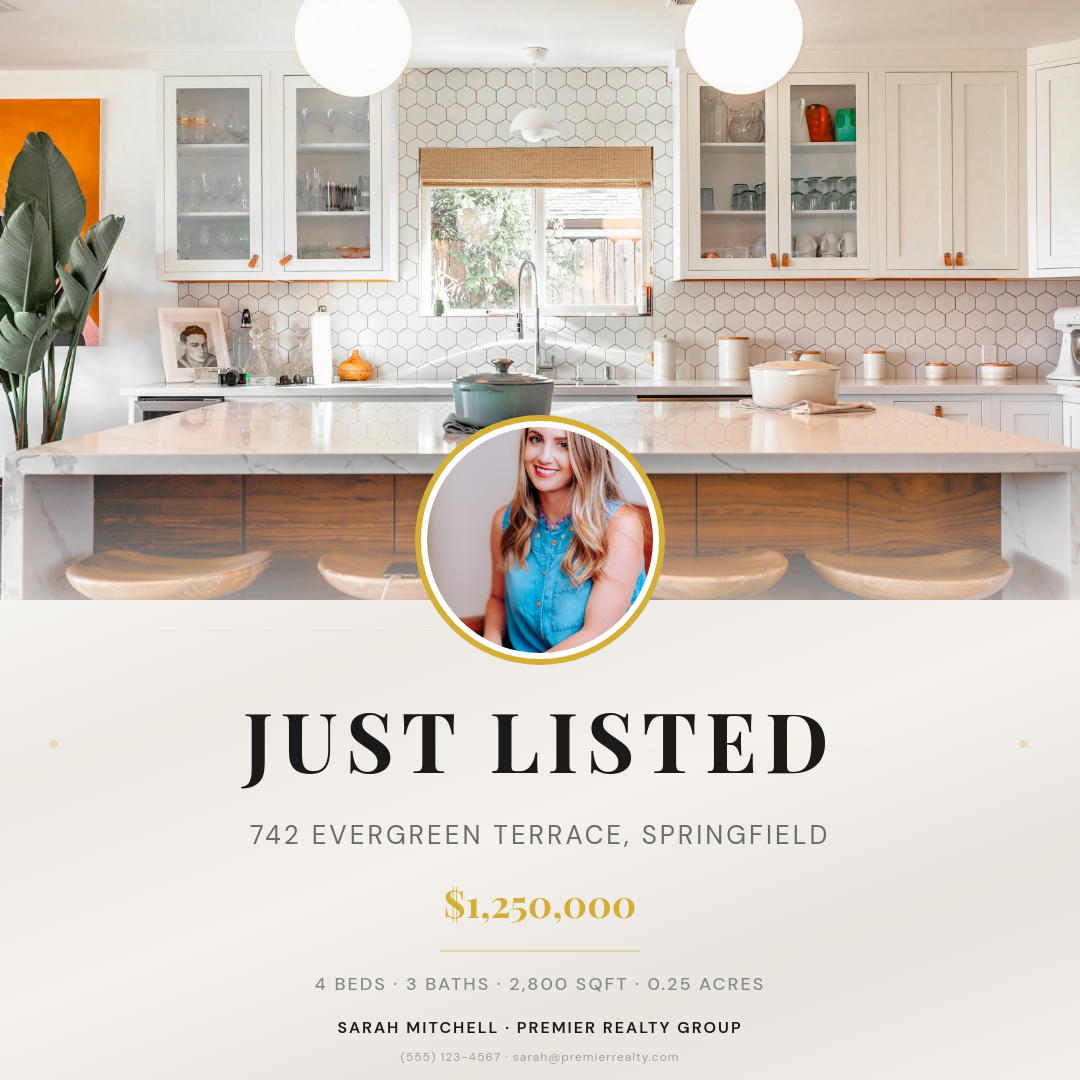 White Marble Just Listed Post with Kitchen Hero and Agent Circle Overlay