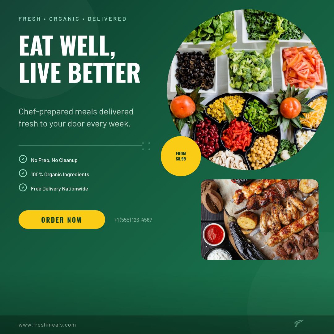 Bold Green Healthy Meal Delivery Service Ad with Food Hero and Price Badge