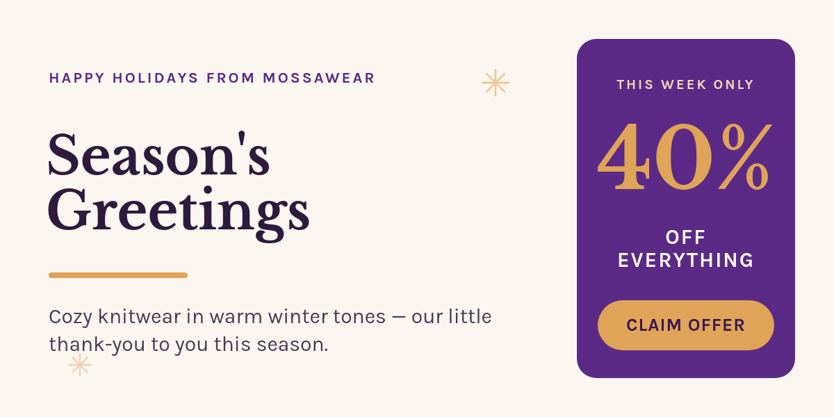 Holiday Greeting Email Banner — Warm Paper, Plum & Amber Sale