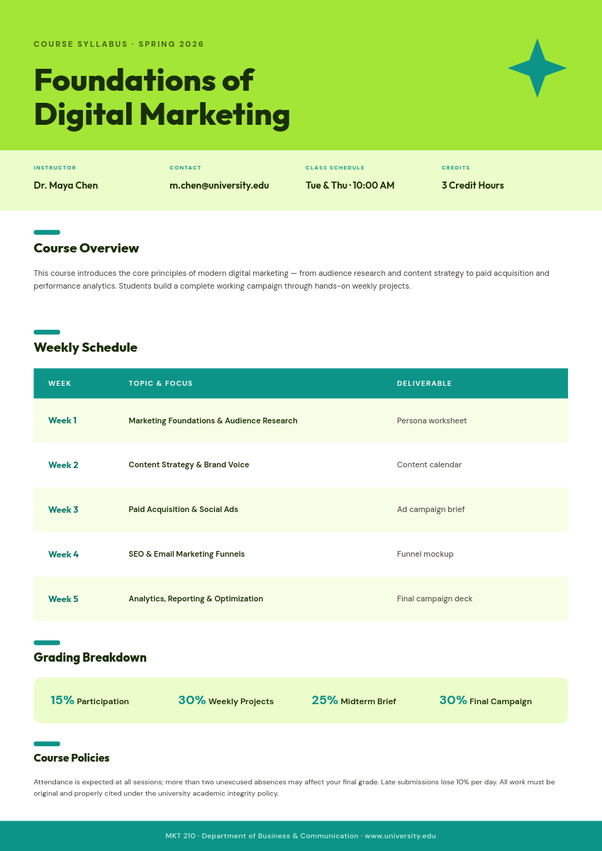 Bold Lime & Teal Course Syllabus with Weekly Schedule Table