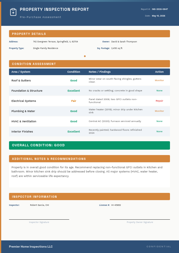 Professional Property Inspection Report with Condition Ratings Table and Structured Sections