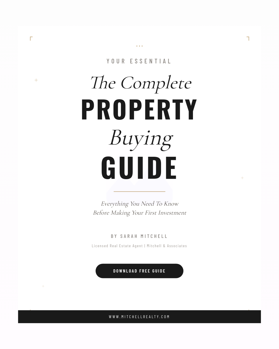 Bold Mixed Typography Property Buying Guide Cover with White Card Overlay on Warm Interior Photo