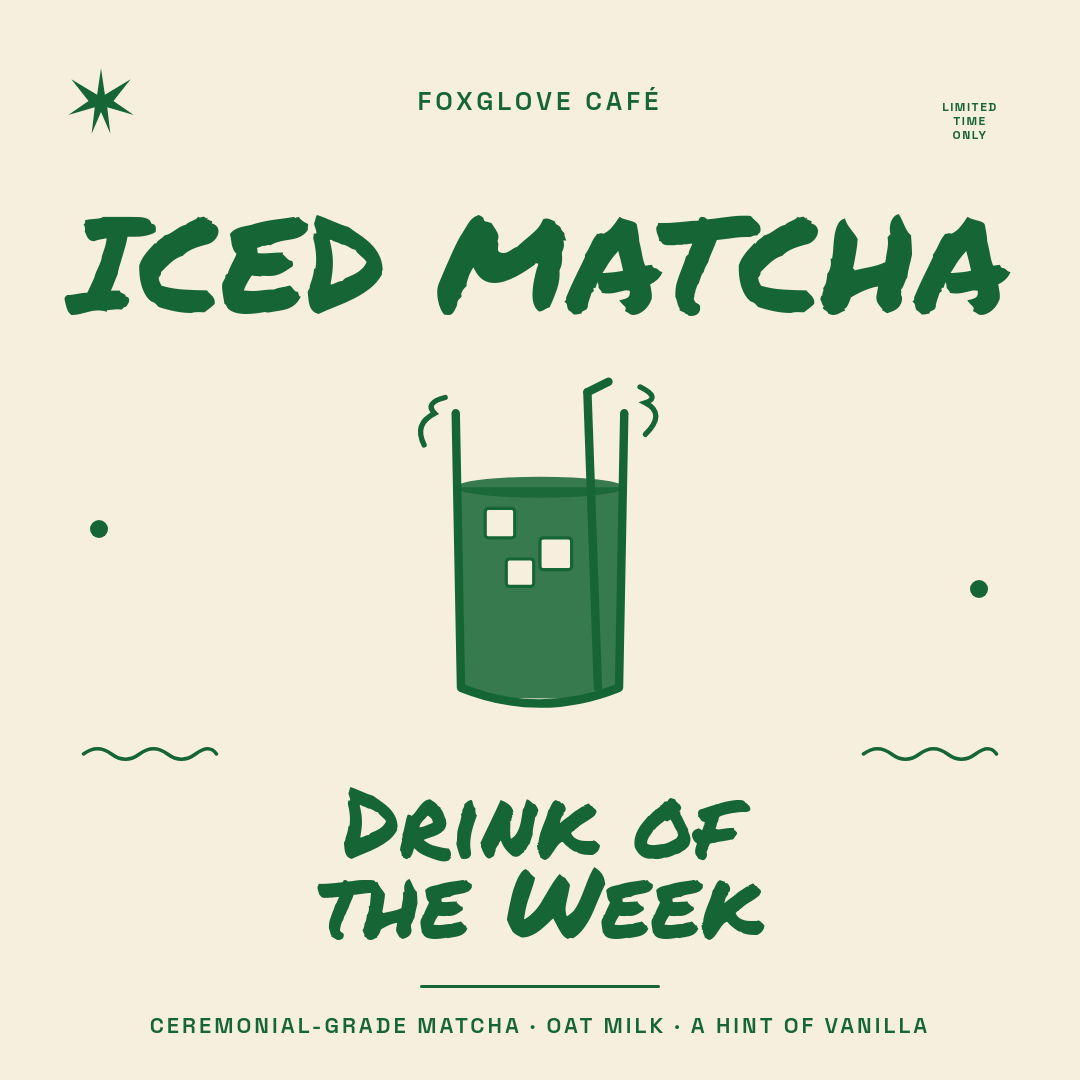 Cream & Forest Green Iced Matcha Brush-Lettered Instagram Square with Illustrated Glass