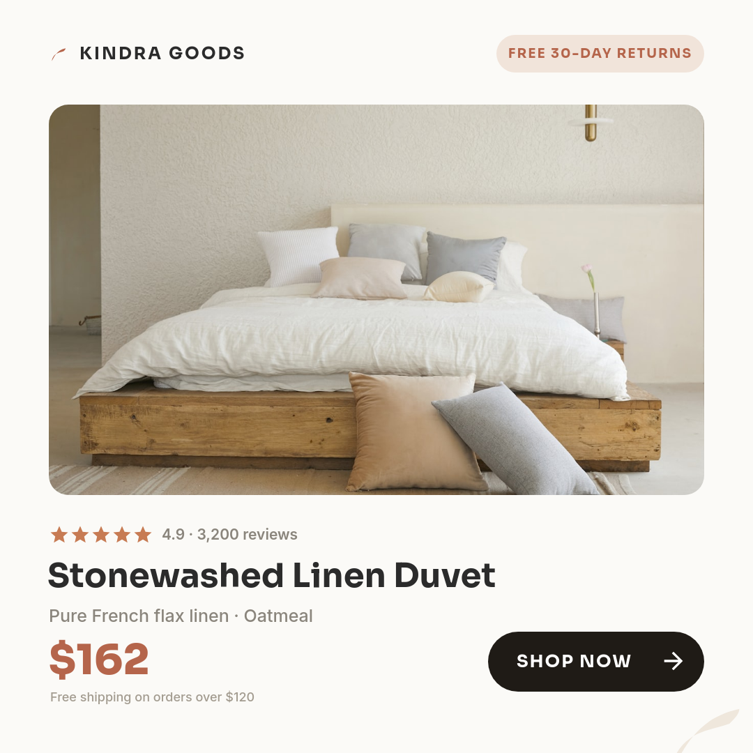 Oat & Clay Linen Duvet Product Card — Sora Name, Star Proof Row, Price Stack & Shop Pill
