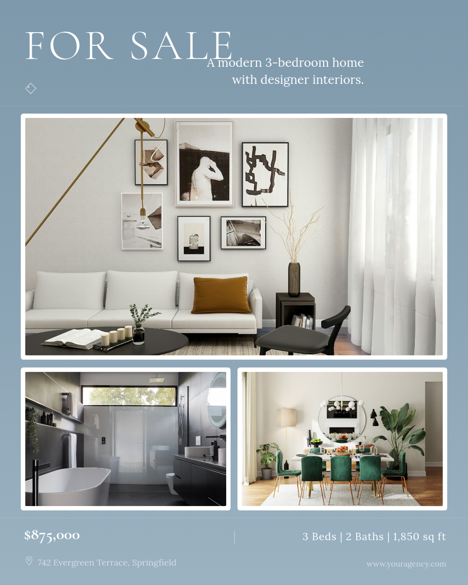 Dusty Blue Multi-Photo Property Listing with Serif Headline and Room Gallery Grid
