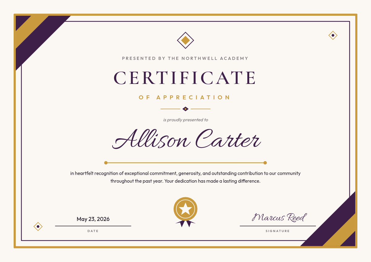 Modern Plum & Gold Certificate of Appreciation