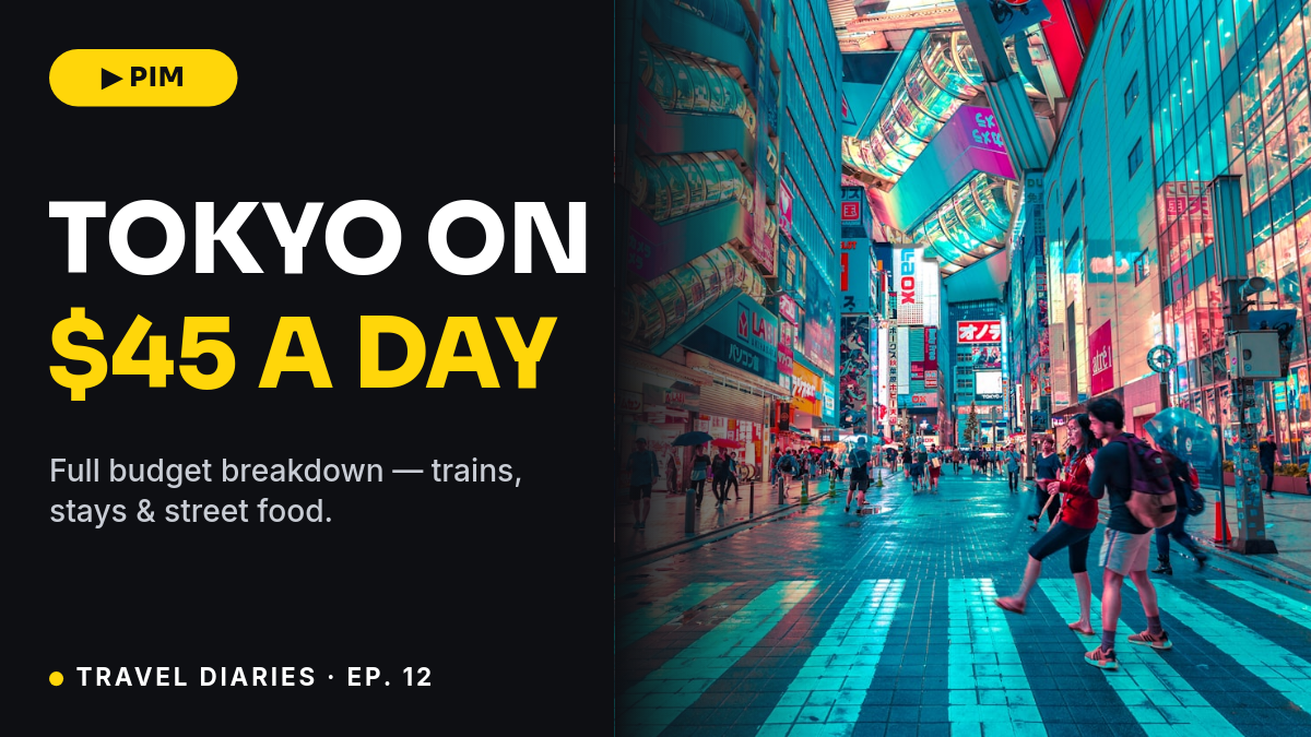 Dark Minimal Travel-Vlog YouTube Thumbnail — Sora Bold, Tokyo Night Photo & Yellow Budget Hook