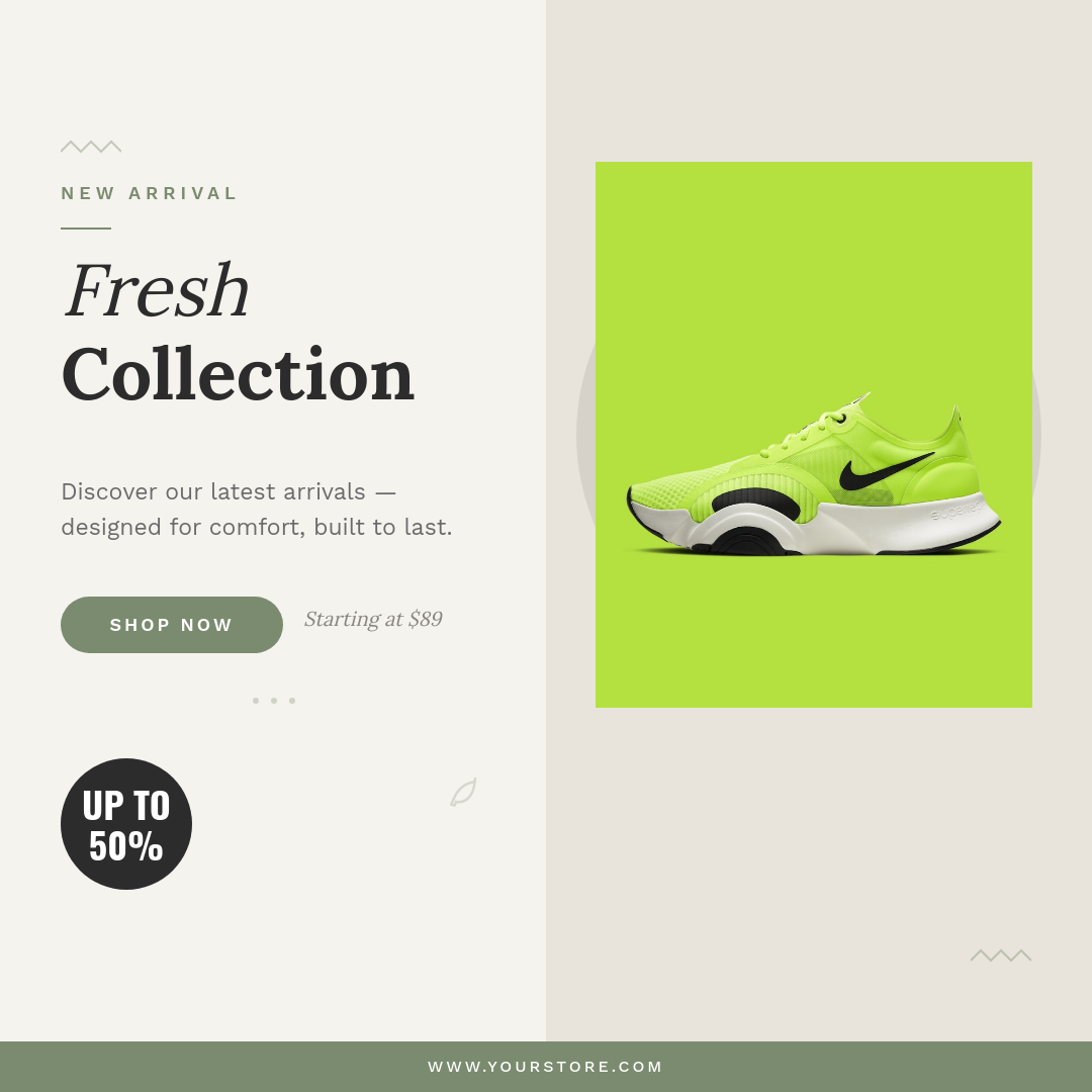Clean Split Layout Product New Arrival with Sage Accents and Serif Headline