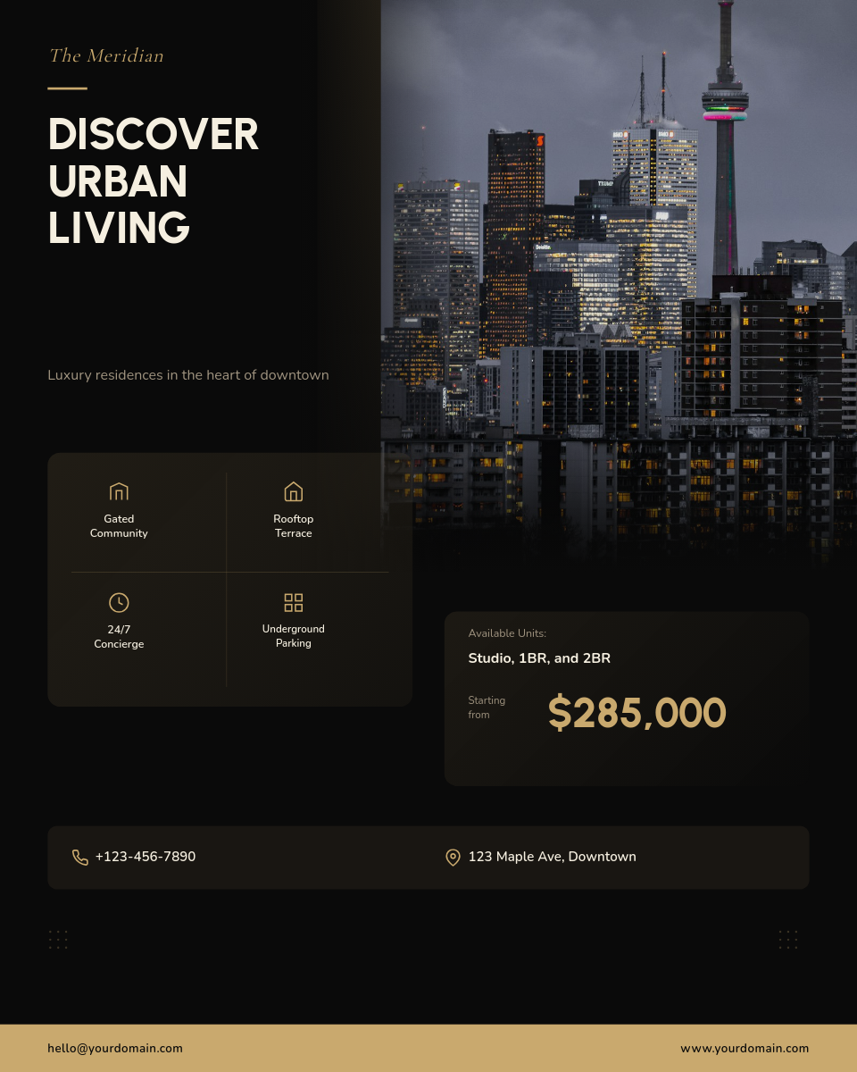 Dark Gold Luxury Condo Tower Listing with Amenity Grid and Price Callout