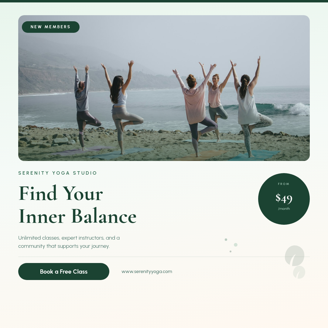 Serene Sage Green Yoga Studio Membership Promo with Serif Headline and Lifestyle Photo