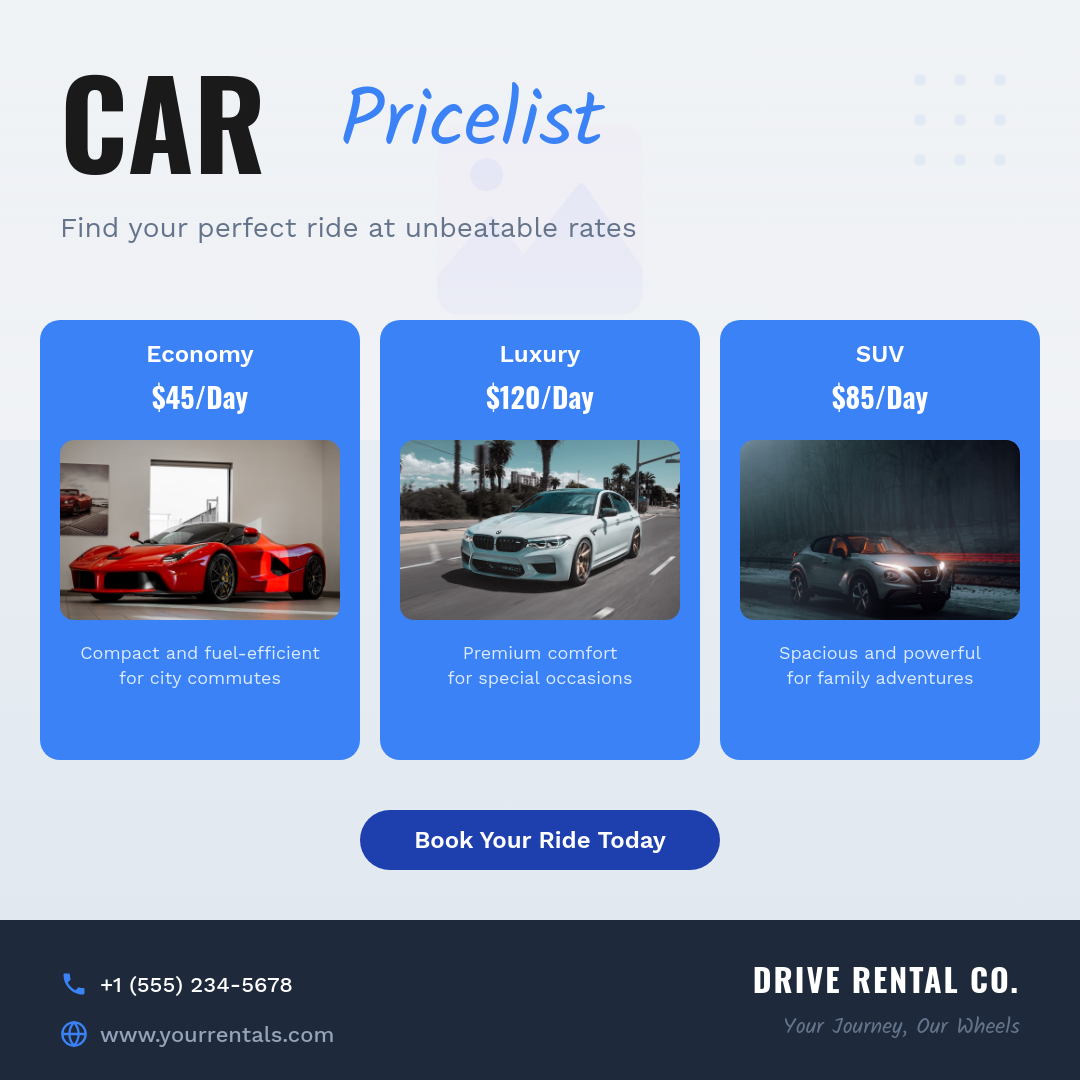 Blue Rounded Card Car Rental Pricelist with Mixed Bold and Script Headline