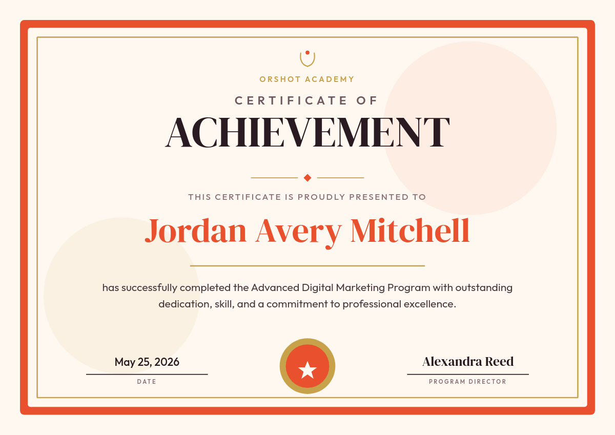 Modern Coral & Gold Certificate of Achievement with Seal Badge