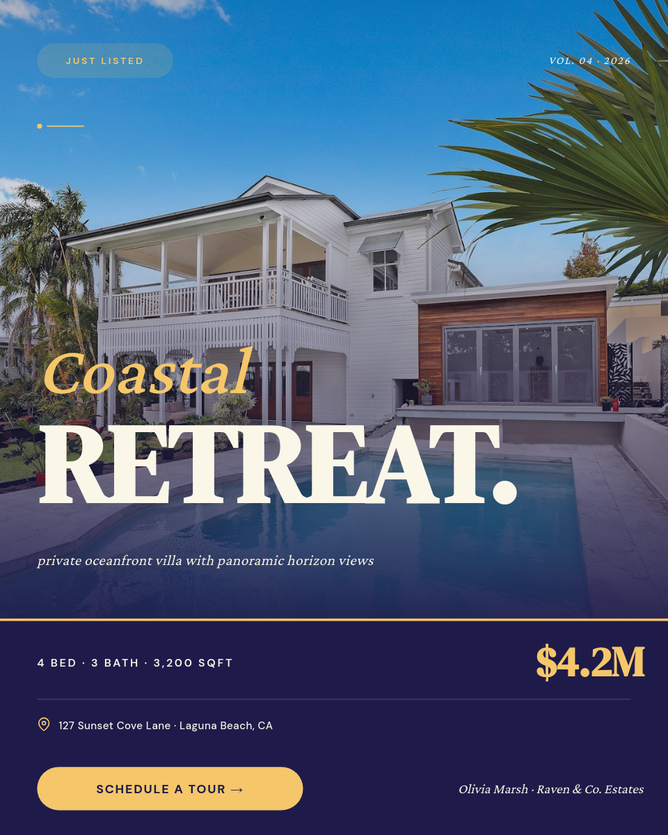 Vibrant Indigo & Saffron Luxe Villa Listing with Mixed Italic Serif Headline
