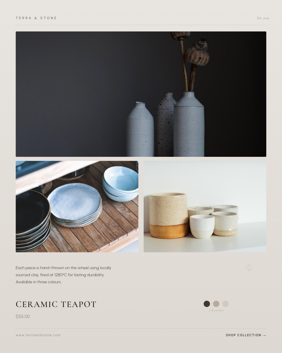 Minimal Warm Gray Artisan Product Showcase with 3-Photo Grid and Editorial Typography