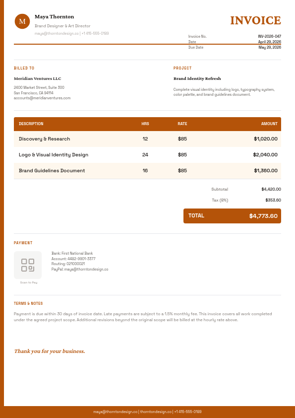 Freelancer Creative Invoice — Burnt Sienna Portfolio Accent