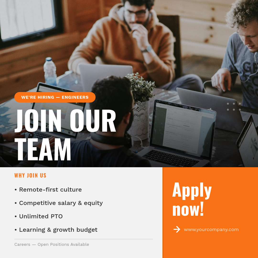 Bold Photo-Forward Tech Hiring Post with Split Footer and Coral CTA Block
