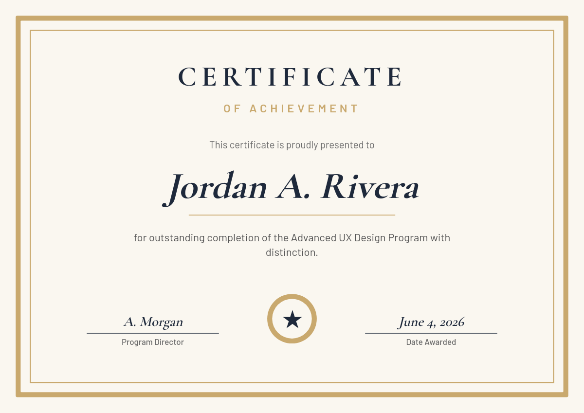 Elegant Cream & Gold Certificate of Achievement