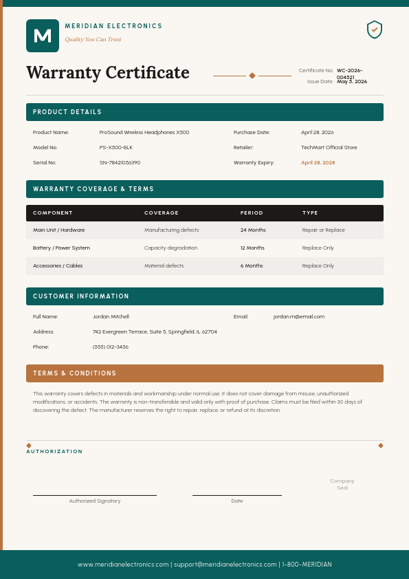 Product Warranty Certificate with Structured Terms Table