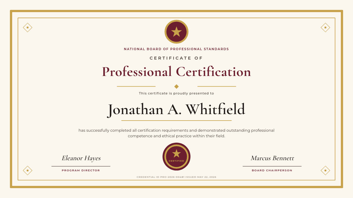 Formal Burgundy & Gold Professional Certification Award