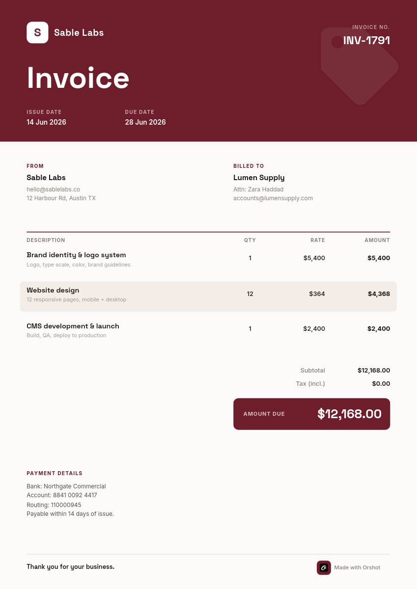Deep-Burgundy Service Invoice — Space Grotesk Header Band, Line-Item Table & Amount-Due Box