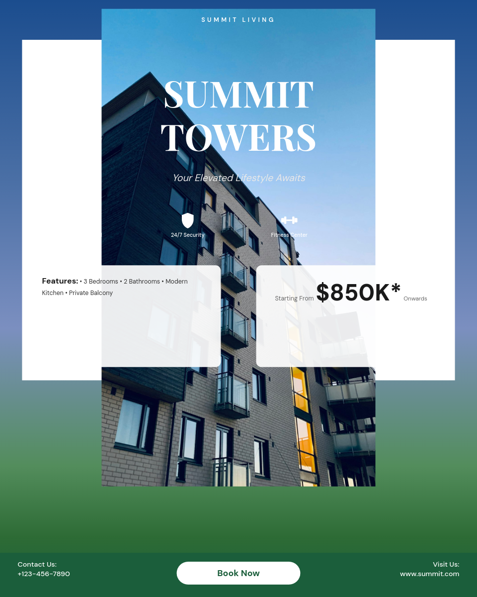 Blue Sky Luxury Apartment Tower Ad with White Frame and Green Contact Bar