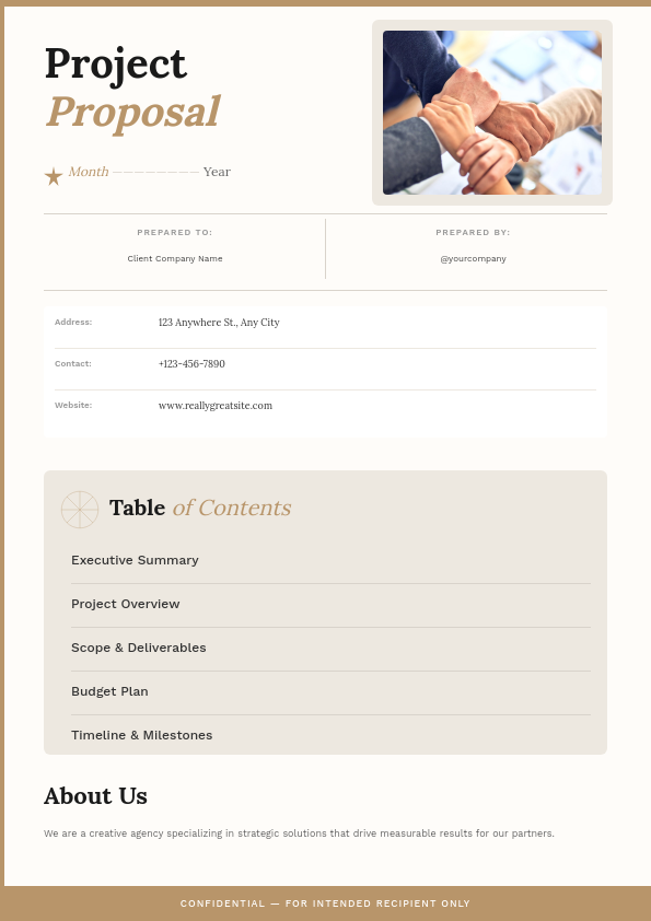 Warm Beige Project Proposal Cover with Serif Headline and Contact Info Grid