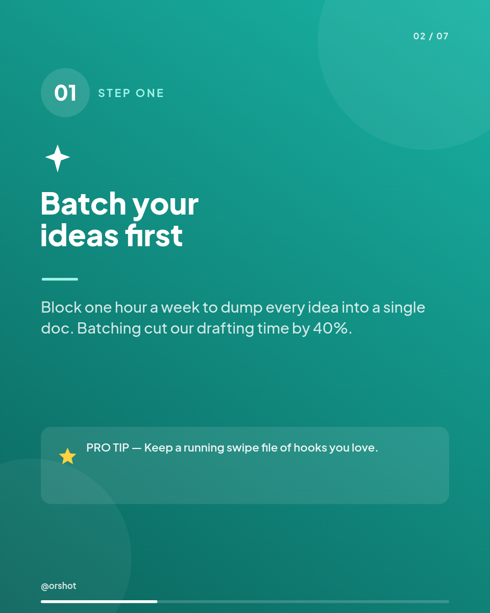 Teal-Gradient 5-Step Content Carousel — Plus Jakarta Bold, Number Discs, Pro-Tip Callouts & Progress Bar - Page 2