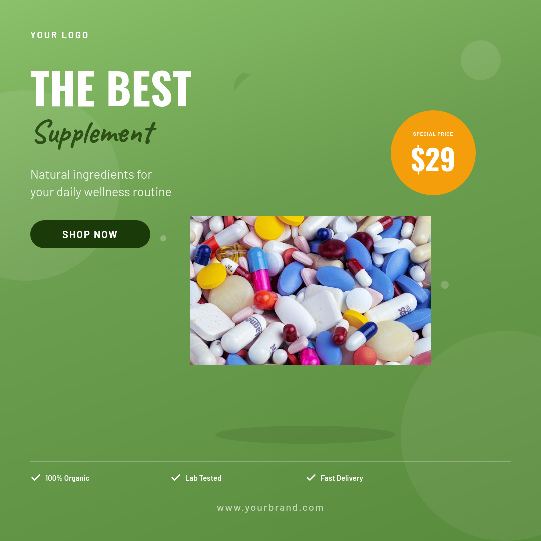 Fresh Green Wellness Supplement Product Ad with Script Accent and Orange Price Badge