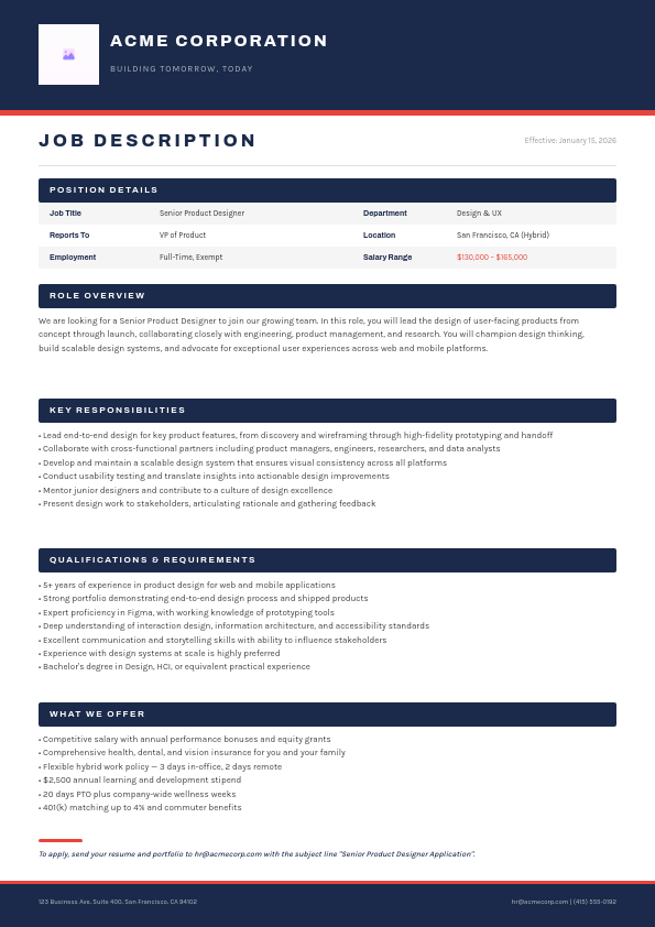 Clean Corporate Job Description with Navy Header and Coral Accents