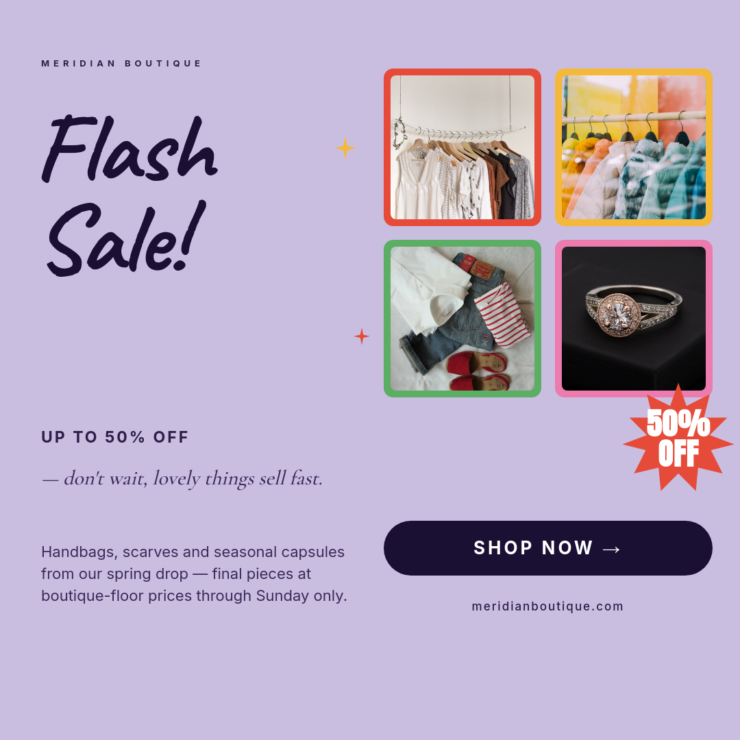 Lavender Boutique Flash Sale Fashion Instagram Post with Caveat Brush Script Headline, 2×2 Color-Block Photo Collage and Coral Starburst Discount Badge