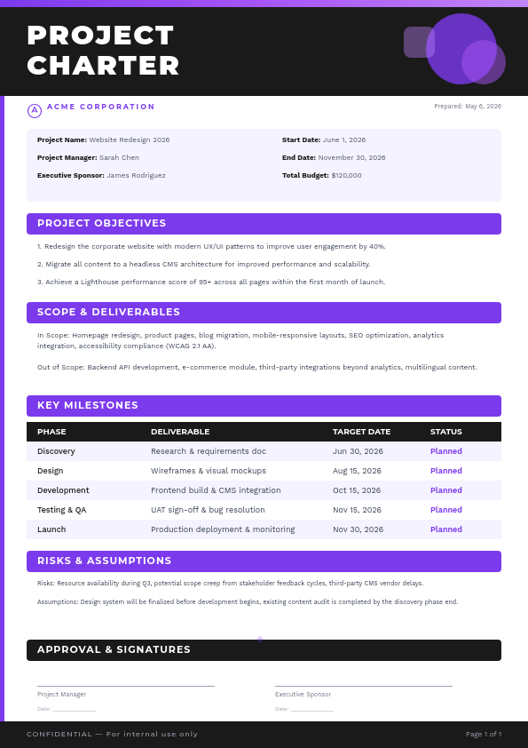 Bold Project Charter with Violet Geometric Header and Structured Sections