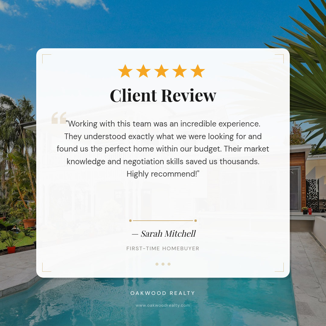 Warm Property Photo Client Testimonial Card with Rounded White Overlay and Star Rating