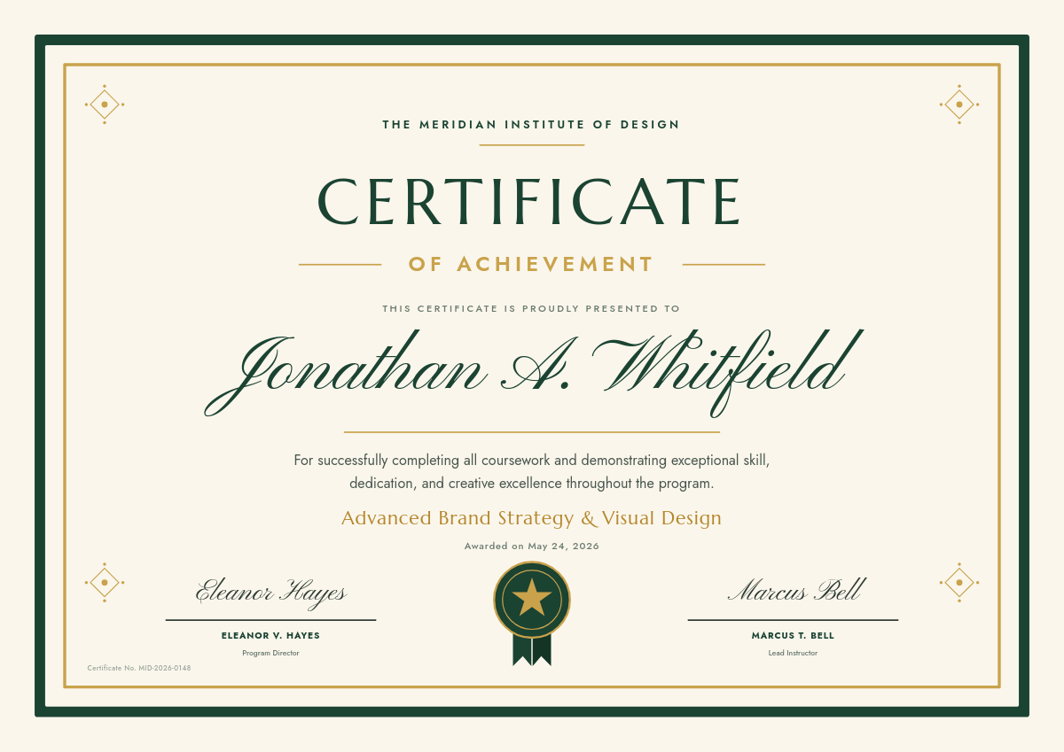 Elegant Forest Green & Gold Certificate of Achievement