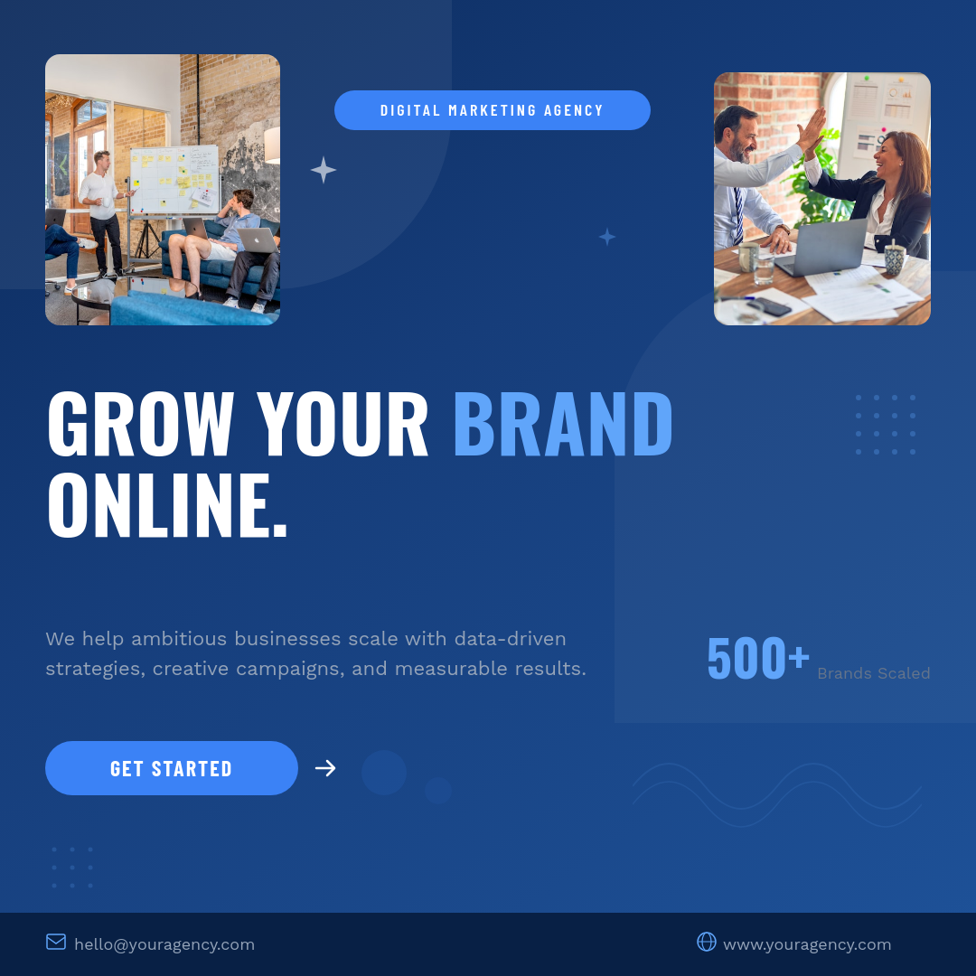 Bold Blue Digital Agency Service Promo with Team Photos and Curved Accent Shapes