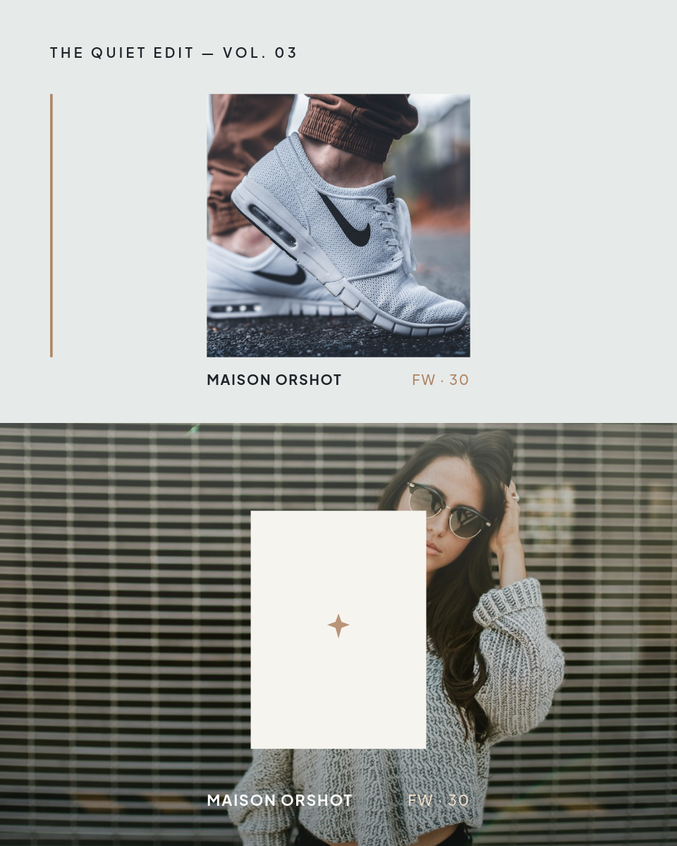 Minimalist Split Editorial Portrait — Lookbook Caption Plates