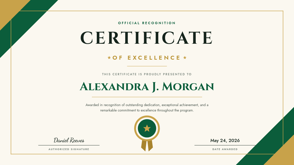 Emerald & Gold Certificate of Excellence with Geometric Corners