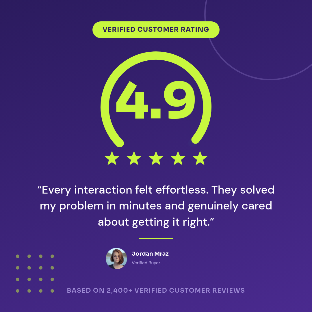 Bold Violet Customer Rating Card with Gauge Score Dial