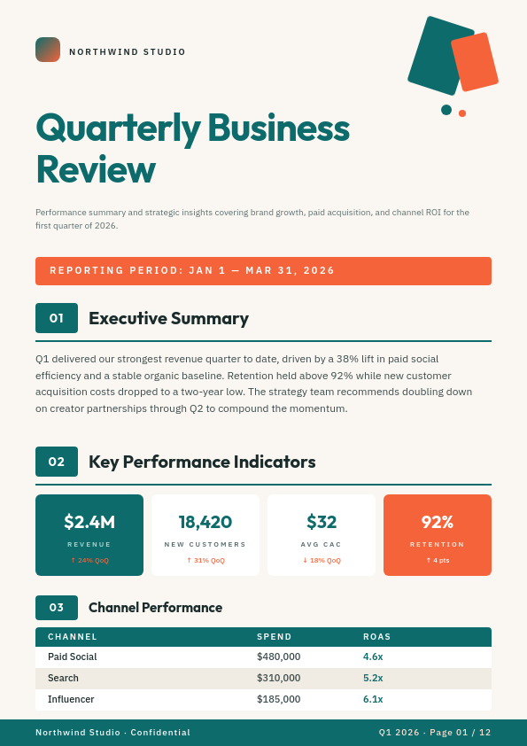 Cream Teal Coral Quarterly Business Review Report with Numbered Section Badges, KPI Card Grid and Channel Performance Table