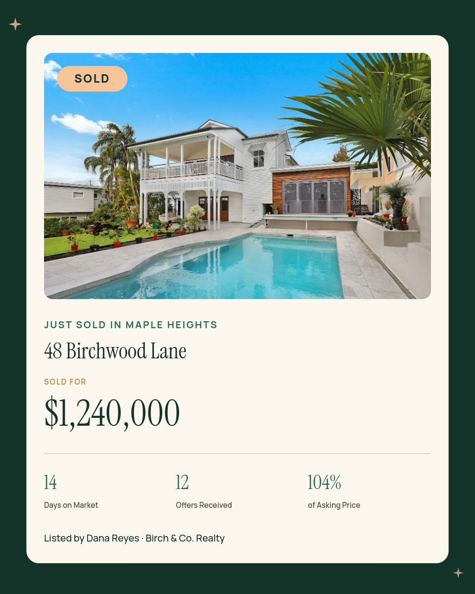 Just Sold Real Estate Card — Forest Green & Peach Stats