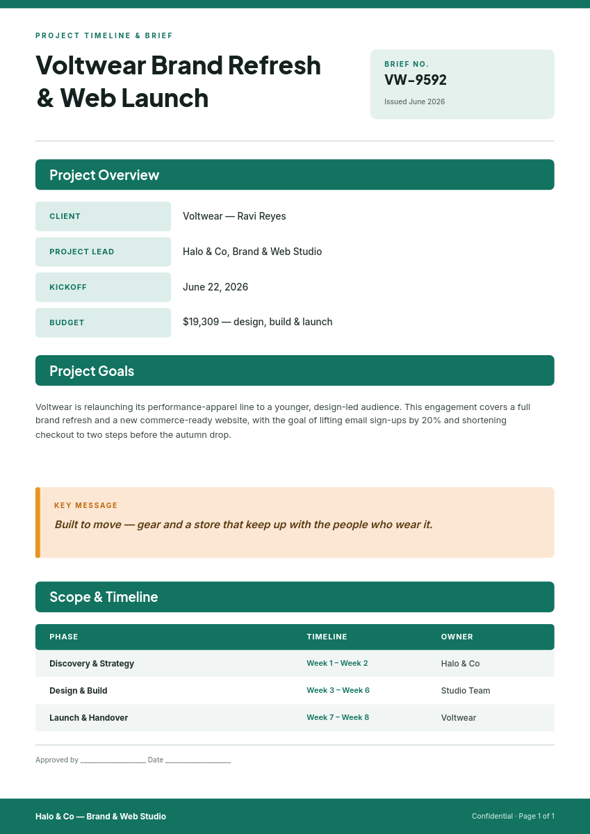 Teal Sectioned Project Timeline & Brief A4 — Phase Table, Label Cells & Key-Message Callout