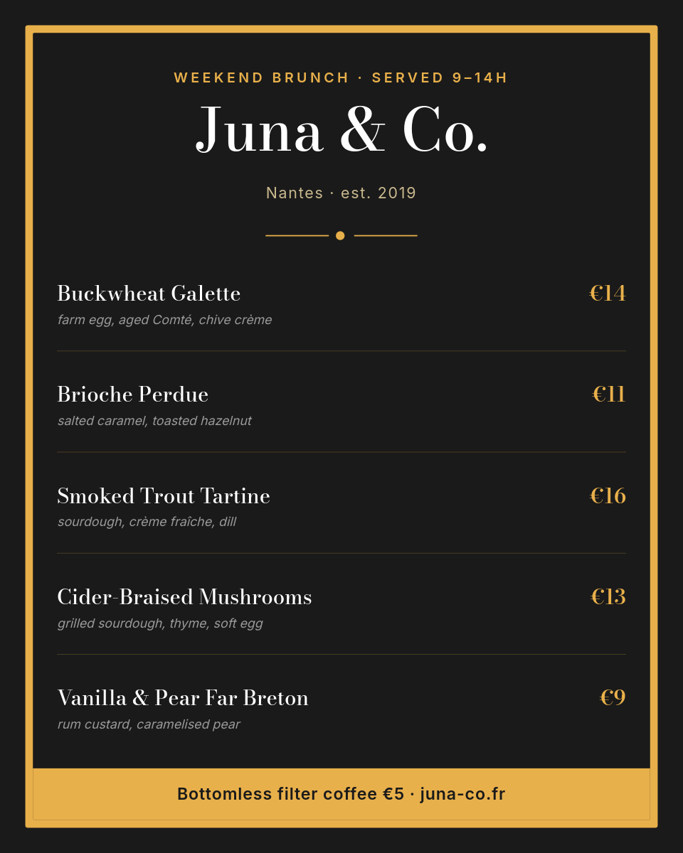 Elegant Dark Brunch Menu Card — Gold Serif Prices on Charcoal Board