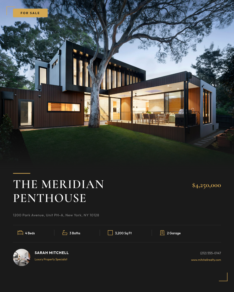 Dark Gold Luxury Penthouse Listing Card with Property Specs and Agent Footer